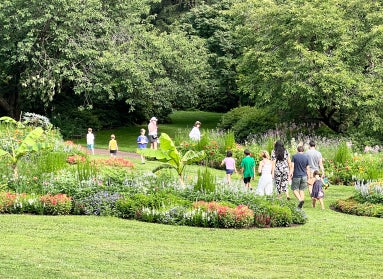 People walk through a public garden among paisley-shaped flowers beds in full bloom. 