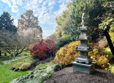A Japanese-style garden with a concrete statue of a pagoda in the foreground and fall foliage in the background on a sunny day.