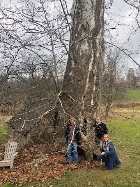 Morris Arboretum Associate Director of Urban Forestry Jason Lubar, homeowner Susan Asplundh