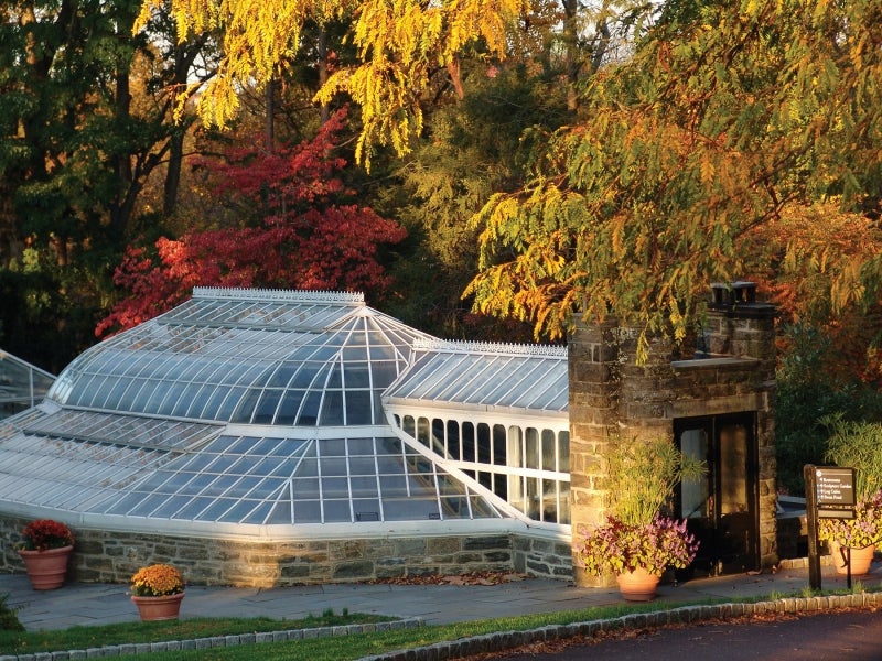 A glass-roofed Victorian fernery surrounded by fall foliage. 