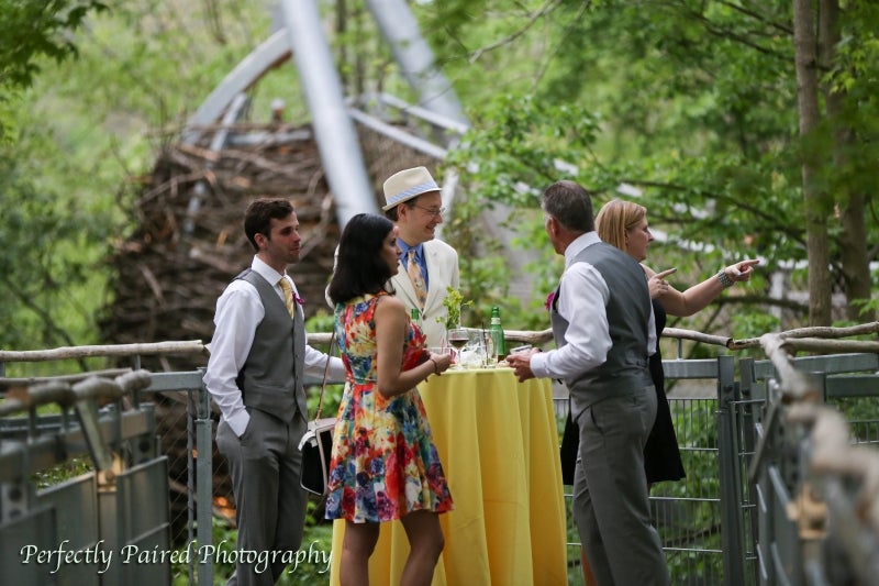A group of five people stand at a cocktail table on an elevated platform in the treetops. 