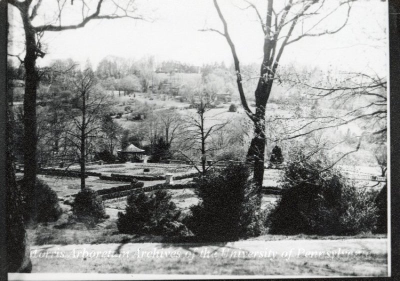 A black and white photo of a public garden in 1933. 