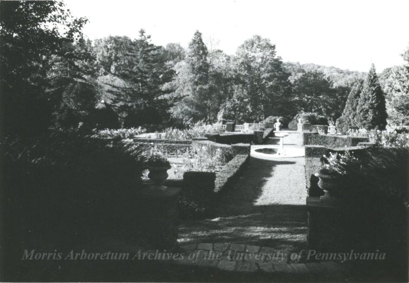 A black and white photo of a public garden in 1974.