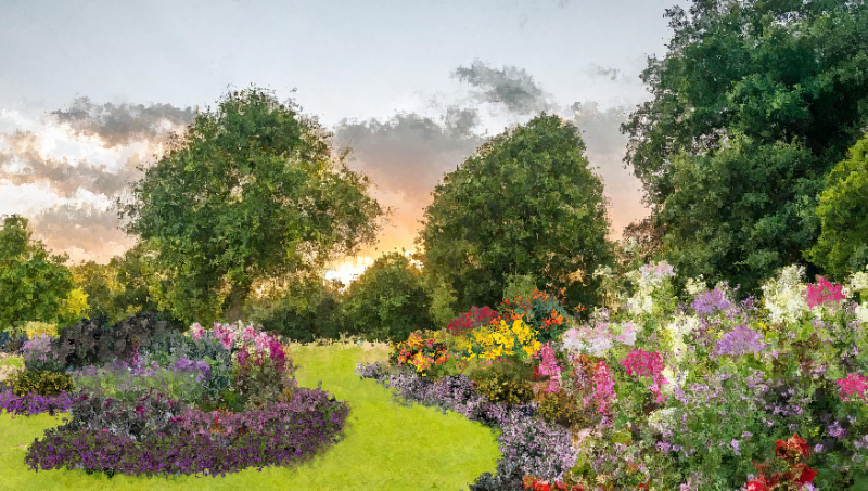 An artist's rendering of a floral garden exhibit.