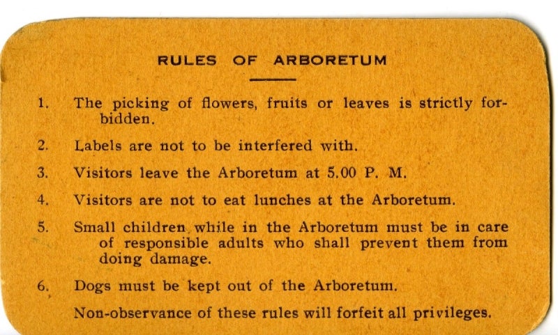 A 1935 list of rules of the Morris Arboretum.