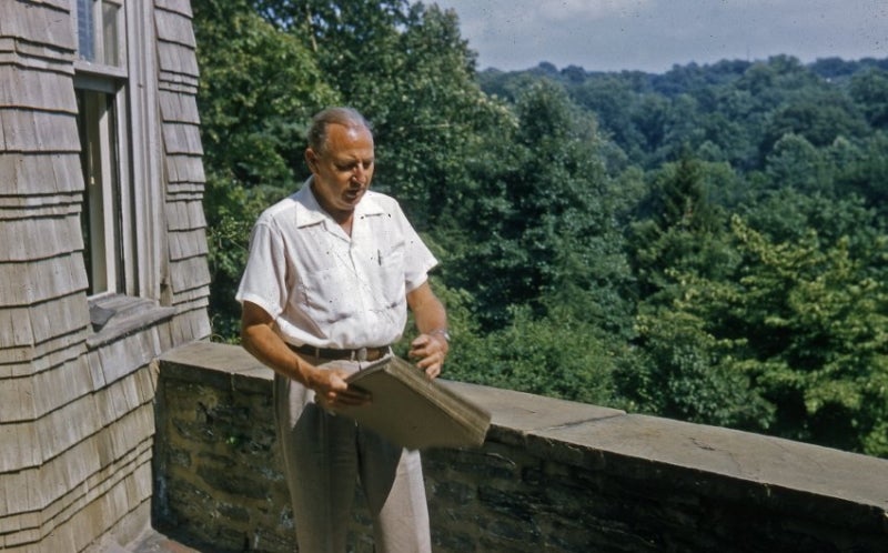 A man standing on a porch overlooking trees.