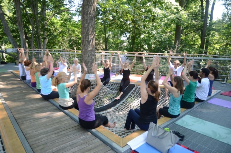 An outdoor yoga class. 