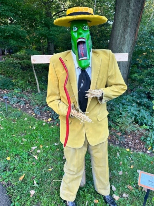 A scarecrow designed to look like Jim Carrey in The Mask. 