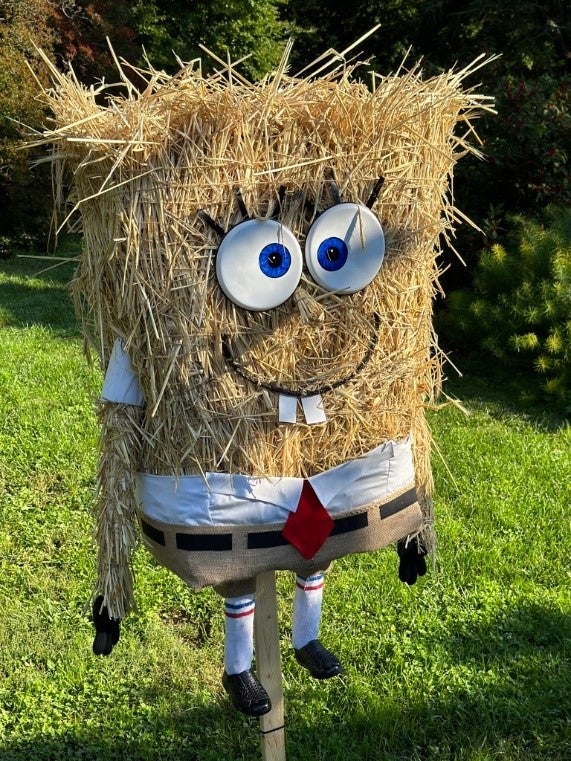 A scarecrow designed as SpongeBob SquarePants.