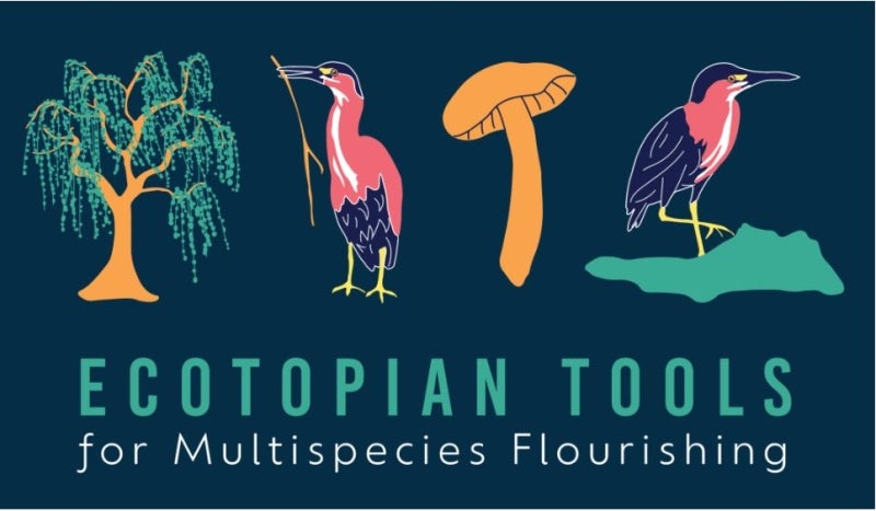 An image with illustrations of a weeping tree, green heron, and mushroom that reads, "Ecotopian Tools for Multispecies Flourishing."