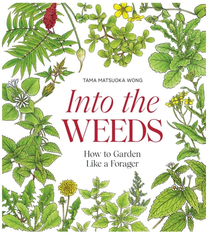 White book cover with red letters surrounded by green plants