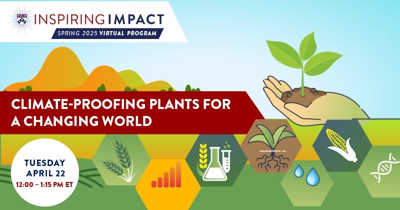 A graphic of a hand holding a plant advertising a virtual event titled, "Climate-Proofing Pants for a Changing World."