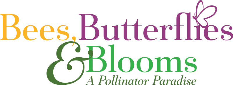 A colorful logo that reads, "Bees, Butterflies & Blooms: A Pollinator Paradise."