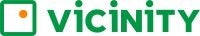 A logo with a green text that reads "VICINITY" with the outline of a green square and an orange dot inside. 