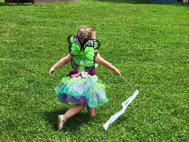 Little girl wearing green and black butterfly wings and a tulle skirt