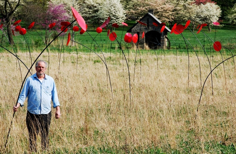 A man stands in a large meadow surrounded by larger-than-life-size sculptures of red poppies. 