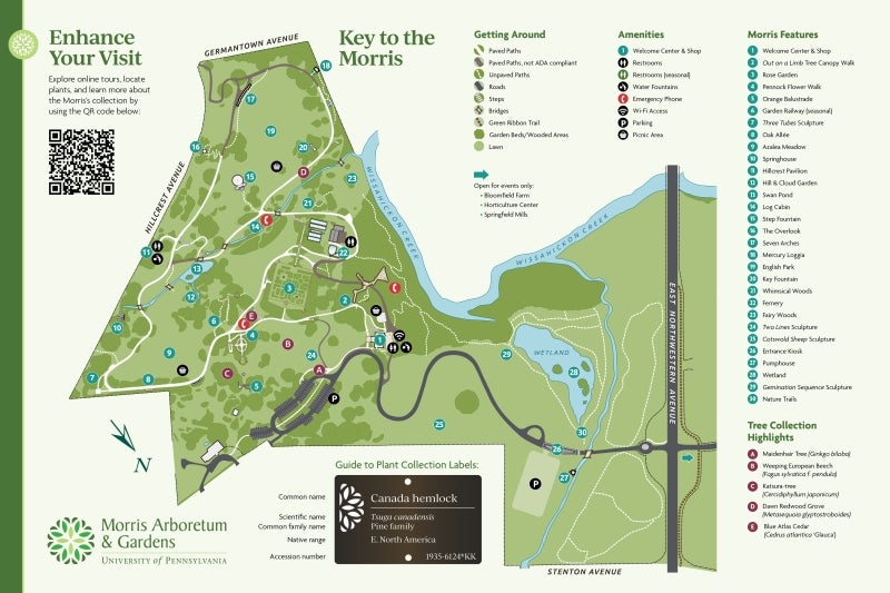A map and guide to the Morris Arboretum & Gardens.