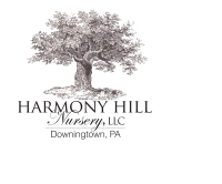 A logo of a gry-scale illustration of a tree that reads, "HARMONY HILL NURSERY, LLC, DOWNTINGTOWN, PA"