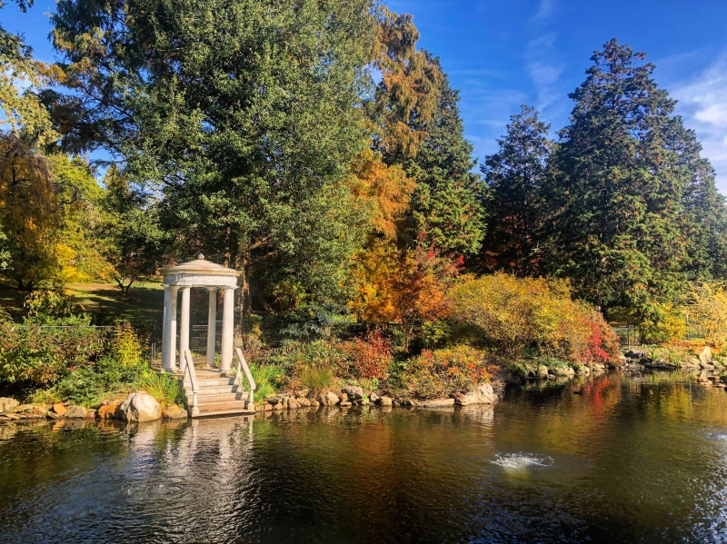 A large pond with a small white gazebo on the shore surrounded by trees with colorful fall foliage. 