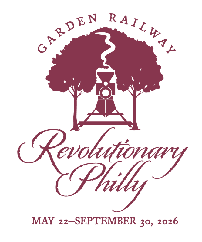 A maroon logo of a train riding through trees that reads, "Garden Railway: Revolutionary Philly, May 22 - September 20, 2026."