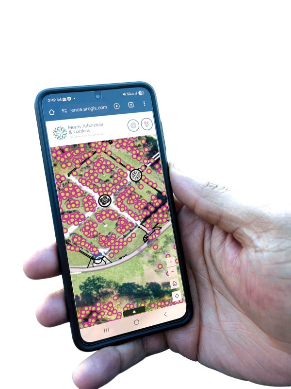 A hand holding a mobile device showing a map of a public garden.