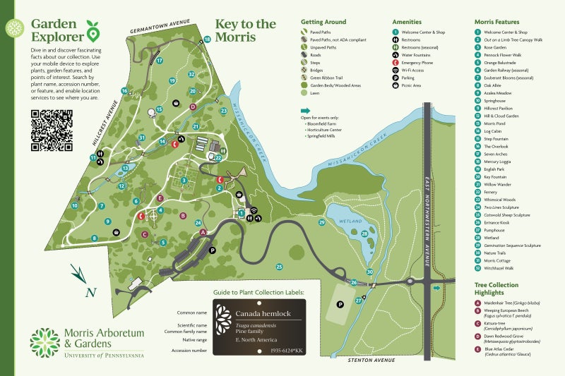 A map and key of Morris Arboretum & Gardens.