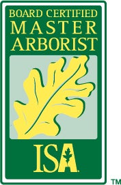 A green rectangle logo that reads, "BOARD CERTIFIED MASTER ARBORIST ISA" with an illustration of a leaf. 