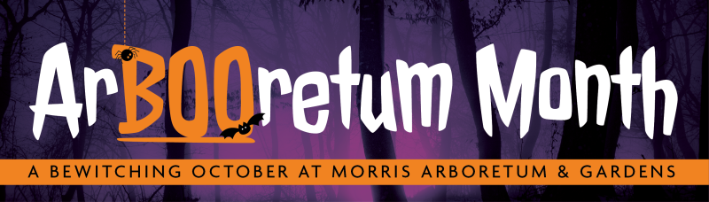 An orange, purple, and white Halloween graphic that reads, "ArBOOretum Month: A Bewitching October at Morris Arboretum & Gardens."