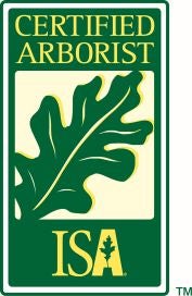 A green rectangle logo that reads, "CERTIFIED ARBORIST ISA" with an illustration of a leaf. 