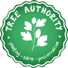 A round green logo with text that reads, "TREE AUTHORITY: planting, care, preservation" with an illustration of leaves. 